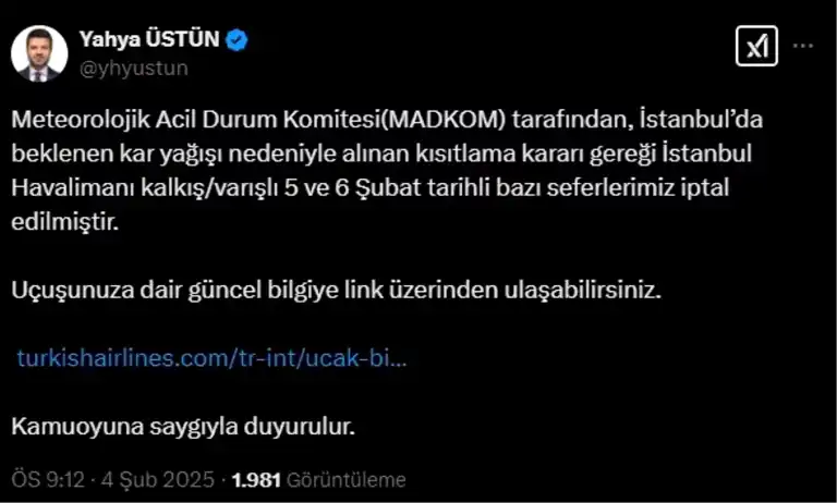 İstanbul'da Kar Yağışı: THY Seferleri İptal